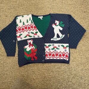 Ugly Christmas Cardigan Bear Snowboarding Fair Isle Holiday Novelty Sweater L